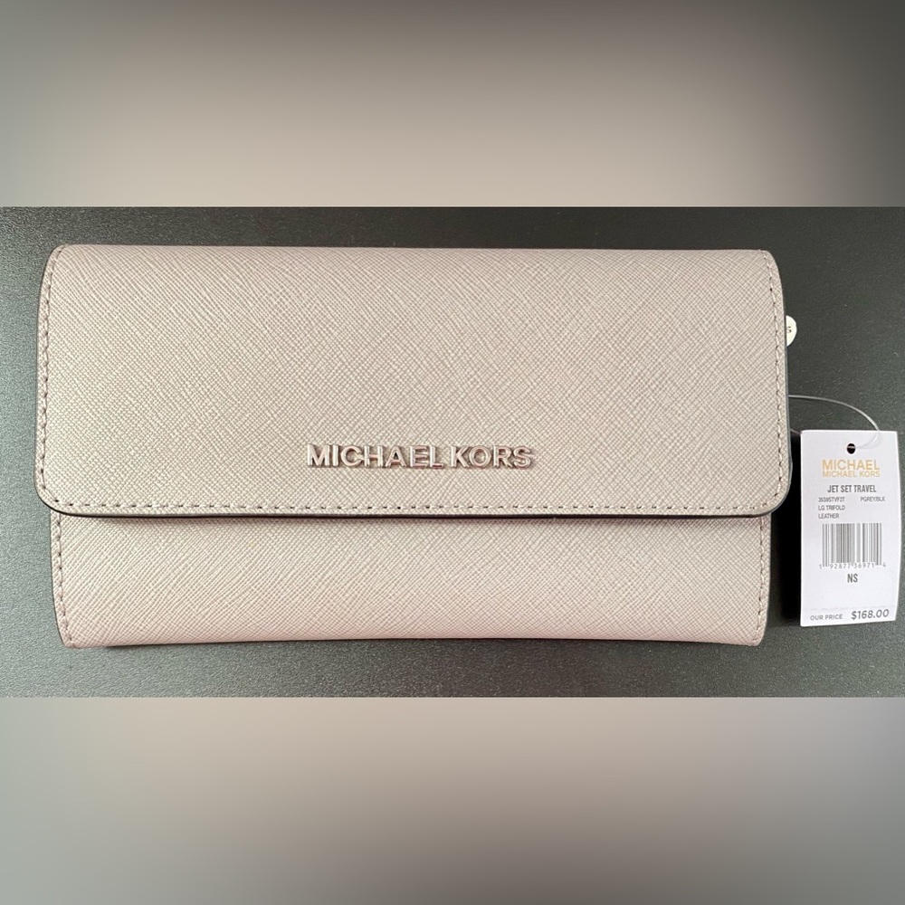 Michael Kors Jet Set Travel Large Trifold Leather Wallet Grey New With Tags